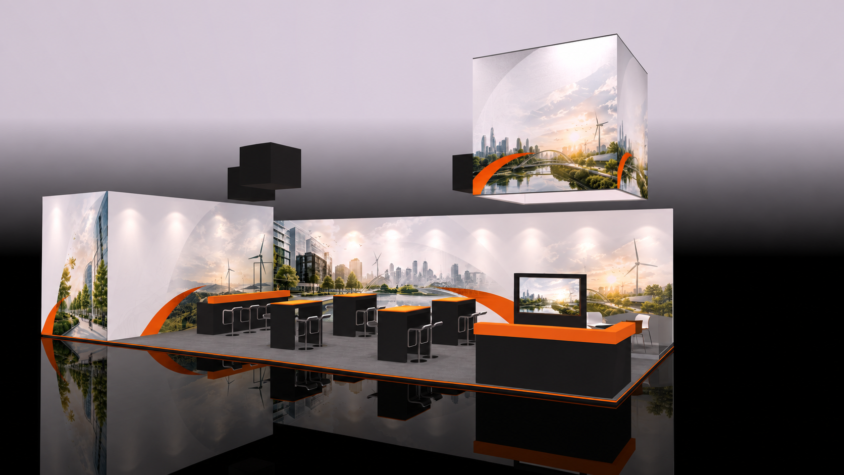Booth visualization with reception, high tables and a suspended display
