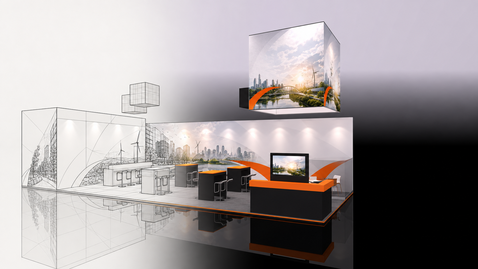 Trade show booth transitioning from wireframe to full-colour render