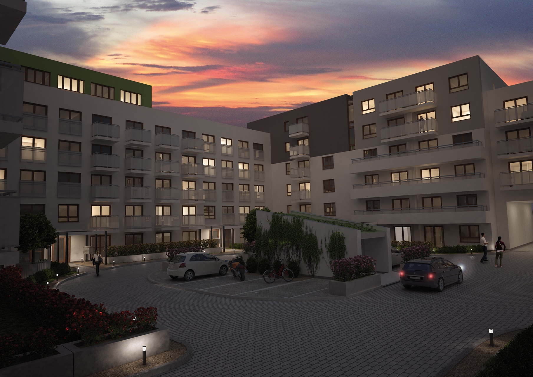 Architekturvisualisierung mit Umfeld in der Dämmerung